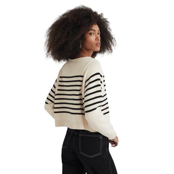 Madewell Rolled Neck Pullover Sweater Striped Cream Navy Cotton Medium Women - Picture 2 of 5